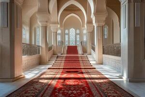 Sunlit grand staircase with red carpet runner in ornate building. photo