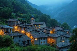 Twilight view of a charming village nestled in a mountain valley, illuminated by warm lights. photo