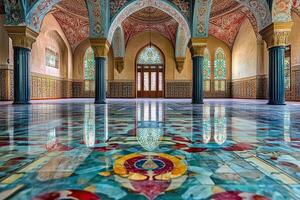 Ornate interior with arched ceilings, colorful mosaic floor, and stained glass windows reflecting on polished floor. photo