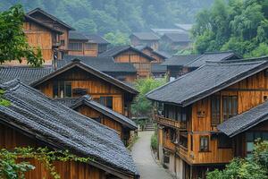 Misty mountain village with traditional wooden houses and stone path. photo