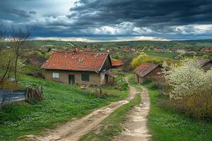 Rustic countryside house, dirt road, storm clouds. photo