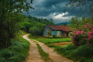 Rustic blue house on a dirt road, lush greenery, stormy sky. photo