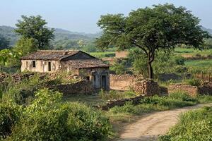 Rustic rural house, stone walls, tree, dirt road, hills. photo