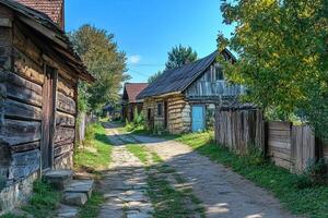 Rustic village lane with aged wooden houses under a sunny sky. photo
