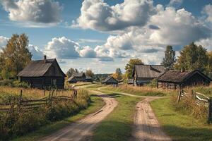 Rustic village road with traditional wooden houses under a cloudy sky. photo