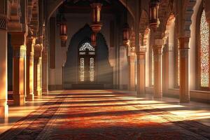 Sunlit hallway in a Moroccan-style building with arched doorways, stained-glass windows, and ornate columns. photo