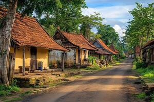 Sunlit village street with traditional houses. photo