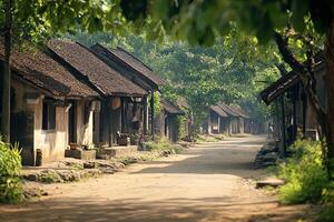 Sunlit village street with traditional houses and lush greenery. photo