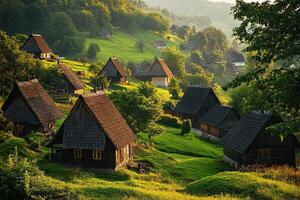 Sunrise illuminates a picturesque village nestled in rolling green hills. photo