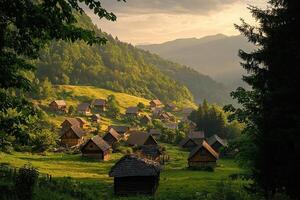 Sunlit mountain village nestled in green valley. photo