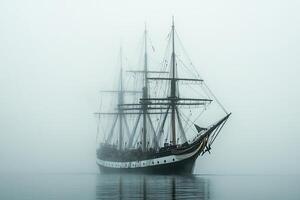 A majestic ship emerges from dense fog on calm waters. photo