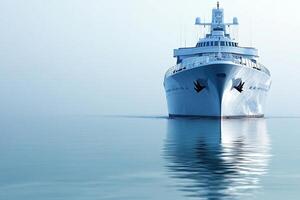 A large ship navigating calm waters in foggy conditions. photo