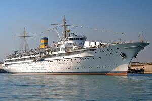 A large passenger ship docked in calm waters. photo