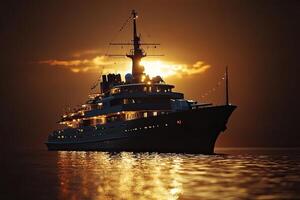 A luxurious yacht sailing at sunset on calm waters. photo