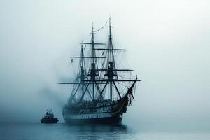 A majestic ship emerges from the mist on calm waters. photo