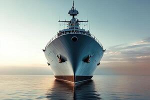 A large ship anchored in calm waters at sunset. photo