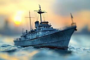 A detailed model ship sailing at sunset. photo
