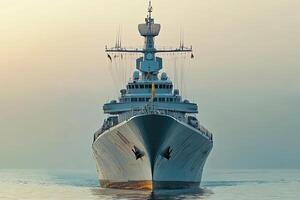 A large naval ship sailing on calm waters at sunrise. photo