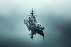 A battleship anchored in a misty, tranquil sea. photo