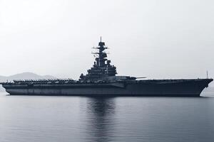 A large aircraft carrier anchored in calm waters. photo