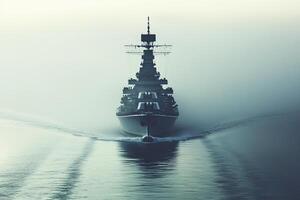 A battleship navigating through foggy waters. photo
