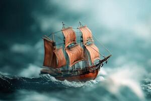 A detailed model ship sailing through turbulent waters. photo
