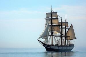 A classic sailing ship navigating calm waters. photo