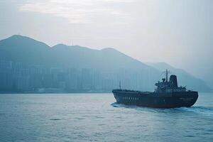A cargo ship navigating through a misty harbor. photo