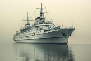 A majestic ship anchored in a misty harbor. photo