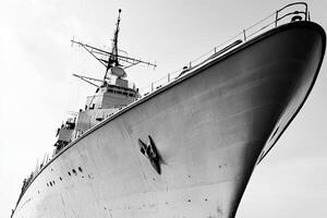 A large ship's bow captured in black and white. photo