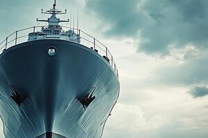 A close-up view of a ship's bow against cloudy skies. photo