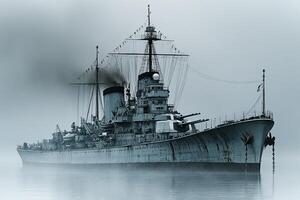 A battleship shrouded in mist on calm waters. photo