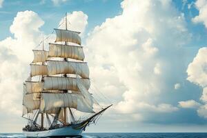 A majestic sailing ship navigating through a cloudy sky. photo