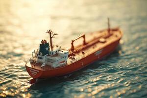 A detailed model of a cargo ship on water. photo