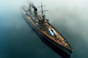 A majestic ship navigating through foggy waters. photo