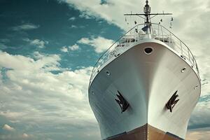 A large ship's bow against a cloudy sky. photo
