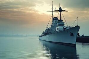 A historic ship docked in calm waters at sunset. photo
