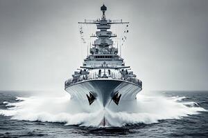 A battleship cutting through ocean waves. photo