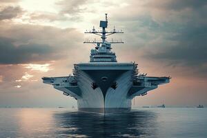 A large aircraft carrier sailing at sunset. photo