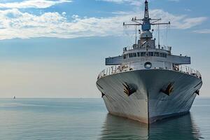 A large ship anchored in calm waters under a blue sky. photo