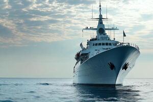 A large ship navigating calm waters under a cloudy sky. photo
