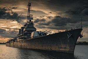 A historic battleship docked under a dramatic sky. photo