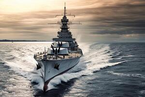 A battleship navigating through ocean waves at sunset. photo