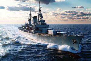 A battleship navigating through open waters. photo