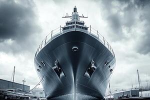 A large ship docked, viewed from the front. photo
