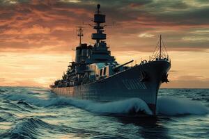 A battleship navigating through turbulent waters at sunset. photo