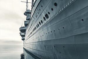 A close-up view of a ship's hull on calm waters. photo