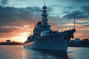A battleship sailing at sunset on calm waters. photo