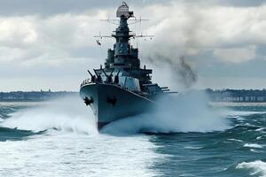 A battleship navigating through turbulent waters. photo