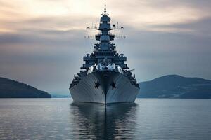 A battleship navigating calm waters at dusk. photo